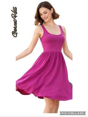 Garnet Hill sleeveless fuchsia scoop neck knit midi sundress pleated sz lrg